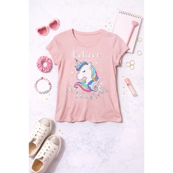 Girls Pink Unicorn Believe in Yourself Graphic T-Shirt Short Sleeve Top Kids - Picture 1 of 13